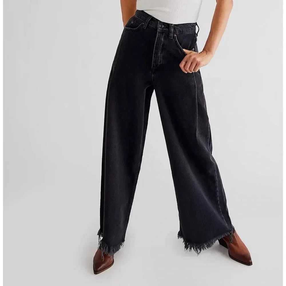NWT Free People Old West Slouchy Wide-Leg Jeans Black 24